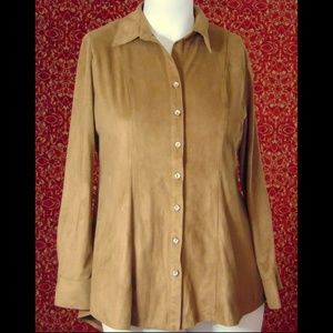 MISCHCA tan faux sued long sleeve shirt blouse L 🗓️